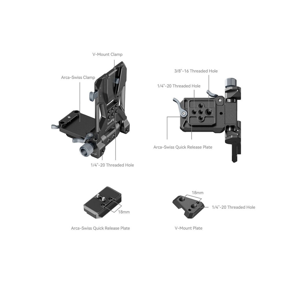 SmallRig_4064_002 Kaavio SmallRig 4064 Compact V-Mount -akun kiinnitysjärjestelmästä, jossa on merkityt osat: Arca-Swiss-puristin, pikalukituslevy, 3/8-16- ja 1/4-20-kierteiset reiät, V-mount-levy ja 18 mm:n profiilit sekä lähikuvat kustakin osasta.