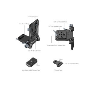 SmallRig_4064_002 Kaavio SmallRig 4064 Compact V-Mount -akun kiinnitysjärjestelmästä, jossa on merkityt osat: Arca-Swiss-puristin, pikalukituslevy, 3/8-16- ja 1/4-20-kierteiset reiät, V-mount-levy ja 18 mm:n profiilit sekä lähikuvat kustakin osasta.