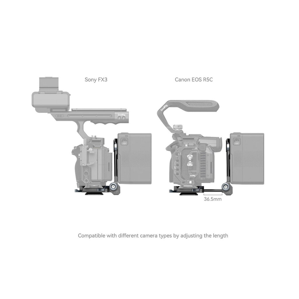 SmallRig_4064_005 Sony FX3:n ja Canon EOS R5C:n vierekkäiset kaaviot SmallRig 4064 Compact V-Mount -akun kiinnitysjärjestelmässä osoittavat säädettävän pituuden (36,5 mm) kameroiden yhteensopivuutta varten. Alla oleva teksti korostaa tätä ominaisuutta.