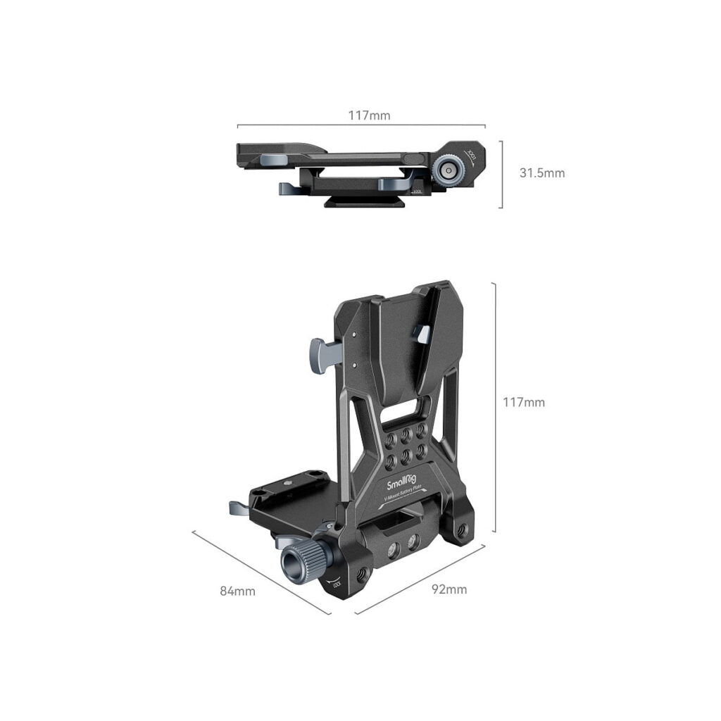 SmallRig_4064_006 SmallRig 4064 Compact V-Mount -akun kiinnitysjärjestelmä mustasta metallista sisältää säädettävät nupit, ja se on esitetty kokoontaitettuna (117 mm pitkä, 31,5 mm korkea) ja pystyasennossa (117 mm korkea, 84 mm syvä, 92 mm leveä), ja sen mitat on merkitty.