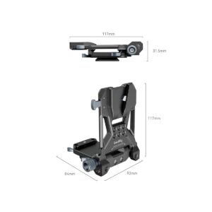 SmallRig_4064_006 SmallRig 4064 Compact V-Mount -akun kiinnitysjärjestelmä mustasta metallista sisältää säädettävät nupit, ja se on esitetty kokoontaitettuna (117 mm pitkä, 31,5 mm korkea) ja pystyasennossa (117 mm korkea, 84 mm syvä, 92 mm leveä), ja sen mitat on merkitty.