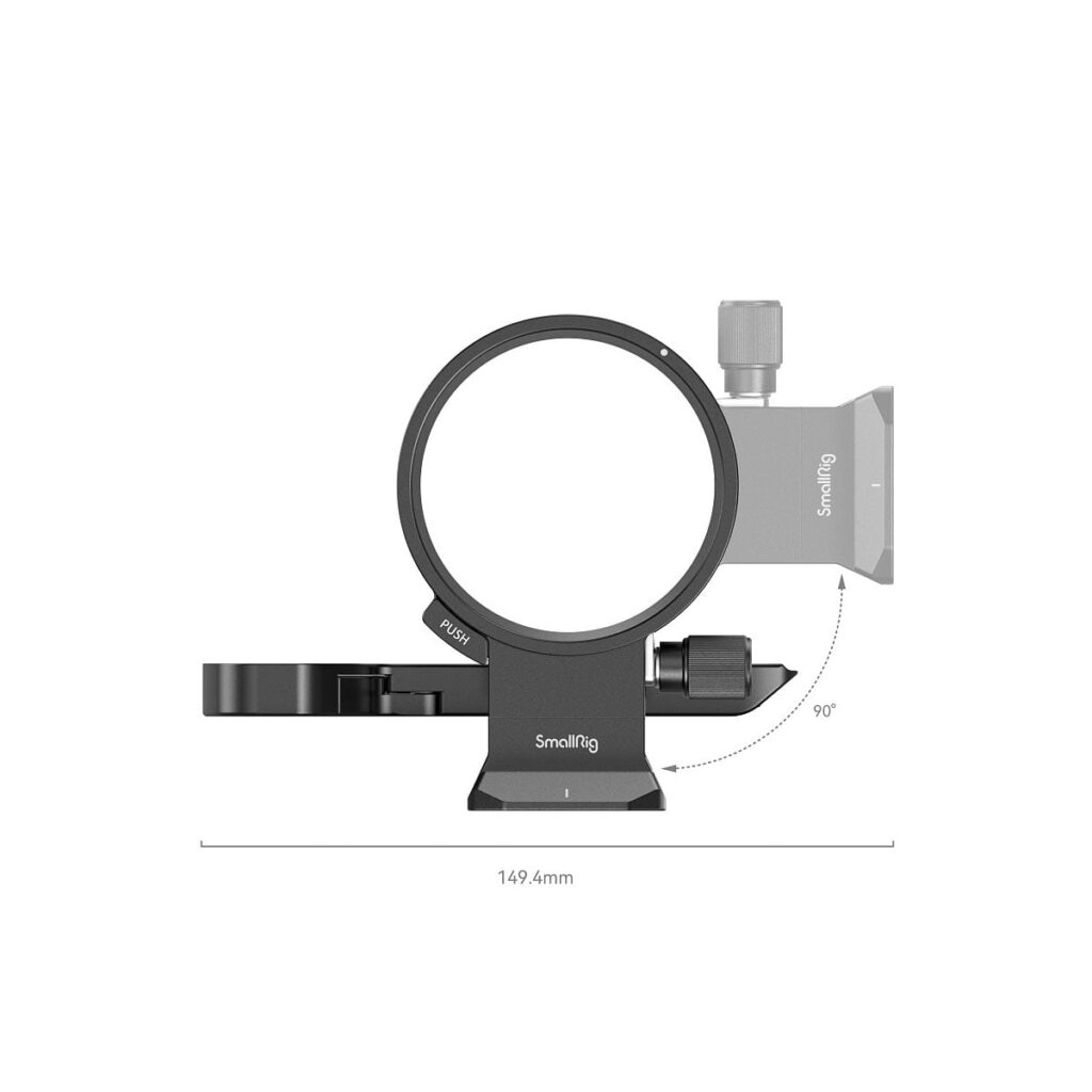 SmallRig_4148_003 SmallRig 2976 L-kiinnike Canon EOS R5, R6 & R5C -kameroille on kuvassa käännettävällä renkaalla, säätönupilla ja 149,4 mm:n mittauksella alla, mikä korostaa sen kykyä kääntyä 90 astetta.