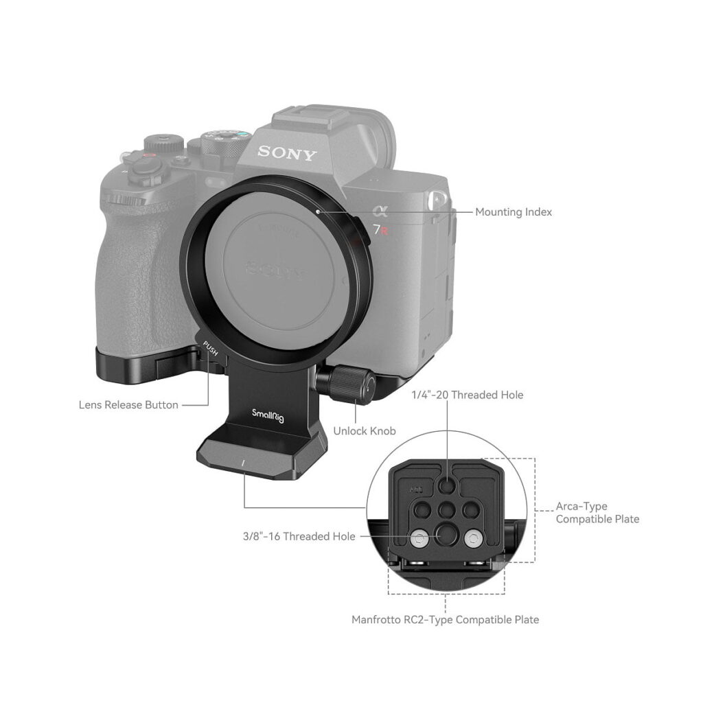 SmallRig_4148_005 SmallRig 2976 L-kiinnike on asennettu Canon EOS R5 -kameraan, ja siinä korostuvat ominaisuudet, kuten kiinnitysindeksi, objektiivin vapautuspainike, lukituksen avausnuppi sekä useat kierteitetyt reiät ja levyt lisävarusteiden kiinnittämistä varten.