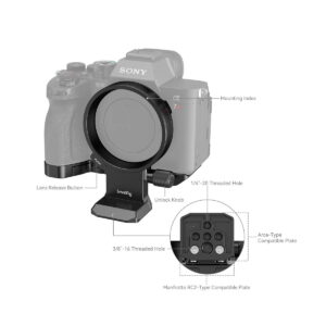 SmallRig_4148_005 SmallRig 2976 L-kiinnike on asennettu Canon EOS R5 -kameraan, ja siinä korostuvat ominaisuudet, kuten kiinnitysindeksi, objektiivin vapautuspainike, lukituksen avausnuppi sekä useat kierteitetyt reiät ja levyt lisävarusteiden kiinnittämistä varten.