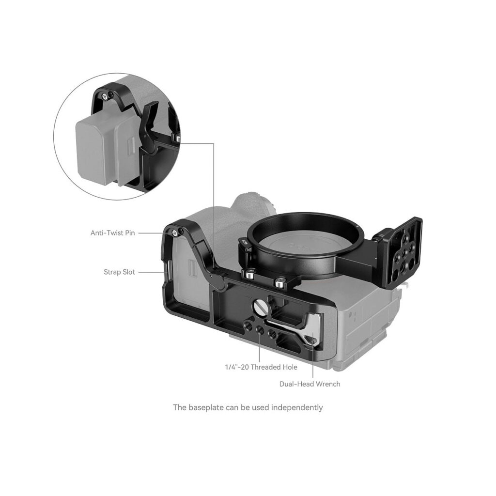 SmallRig_4148_006 SmallRig 2976 L-kiinnike Canon EOS R5, R6 ja R5C -kameroille sisältää merkityt osat: kiertymisen estävä tappi, hihna-aukko, 1/4-20 kierteinen reikä, kaksoiskierreavain ja irrotettava pohjalevy. Sisäkuvassa korostetaan kiertymisen estävän tapin aluetta.