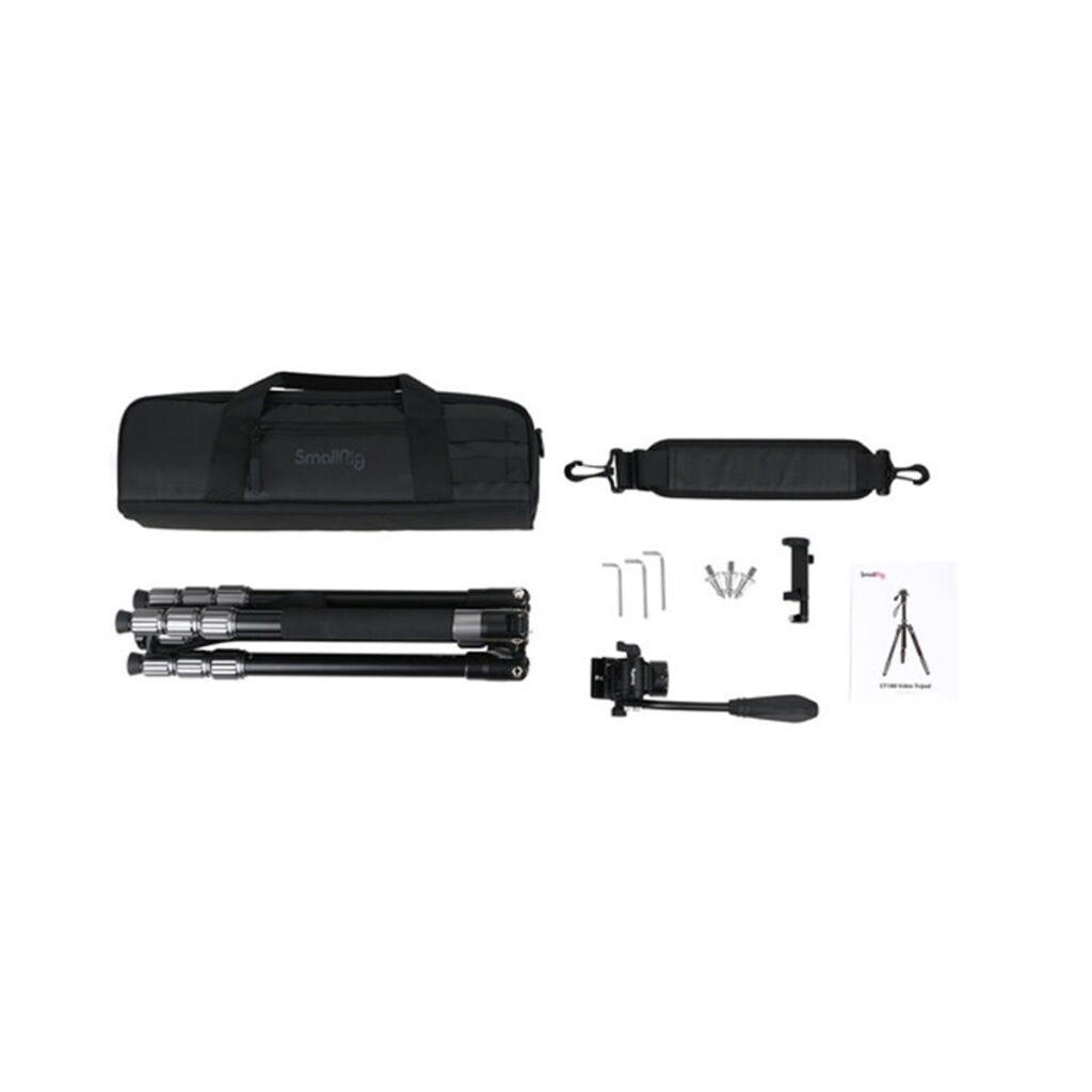 Smallrig 3760-10 SmallRig 3760 Video Tripod CT180 -pakkaus sisältää kokoontaitetun jalustan, mustan kantolaukun, irrotettavan olkahihnan, kiinnityslevyn, kuusiokoloavaimet, ruuvit, puhelimen pidikkeen ja käyttöohjeen - kaikki valkoisella pohjalla.
