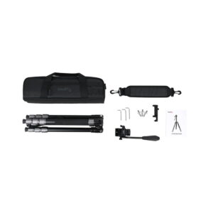 Smallrig 3760-10 SmallRig 3760 Video Tripod CT180 -pakkaus sisältää kokoontaitetun jalustan, mustan kantolaukun, irrotettavan olkahihnan, kiinnityslevyn, kuusiokoloavaimet, ruuvit, puhelimen pidikkeen ja käyttöohjeen - kaikki valkoisella pohjalla.