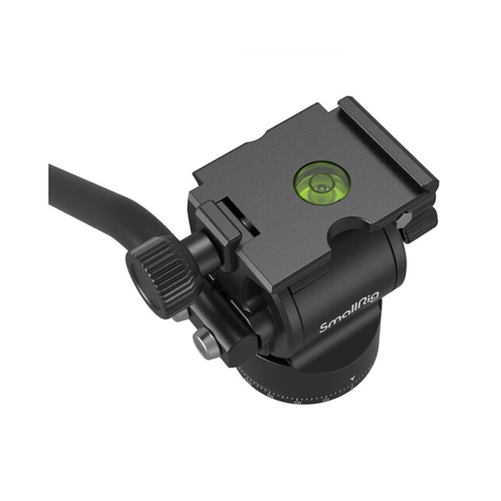 Smallrig 3760-3 SmallRig 3760 Video Tripod CT180, musta jalustapää, jossa on sisäänrakennettu kuplavaa'an, säätönupit ja pikavapautuslevy, näkyy valkoista taustaa vasten.