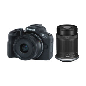 canon_r50_18-45mm_50-210mm_01 The black Canon EOS R50 with the RF-S 18-45mm lens is shown next to a separate RF-S 55-210mm lens, both against a white background.