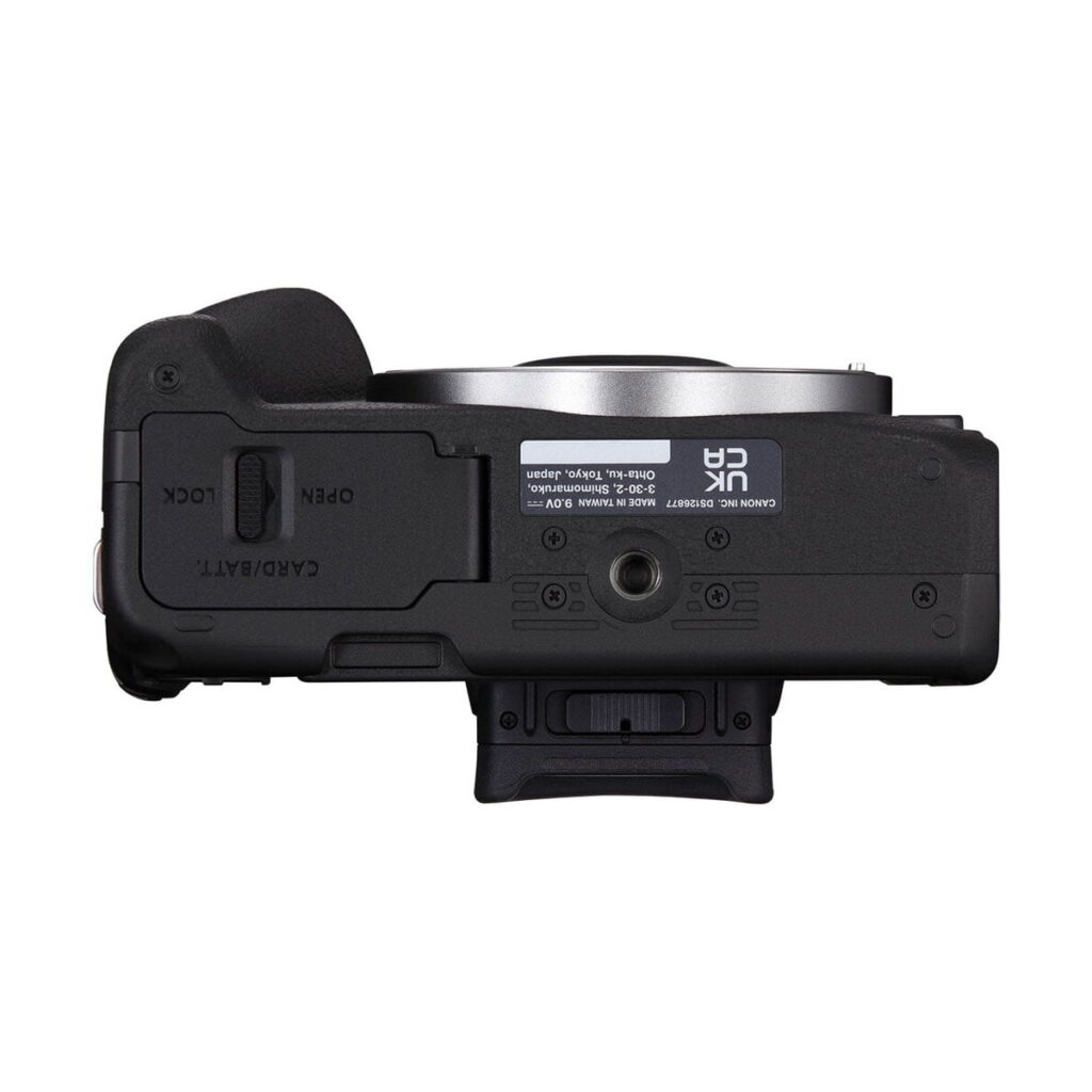 canon_r50_runko_01 Canon EOS R50 system camera - 100€ discount The picture below shows the CARD/BATT compartment, tripod mount, technical information label, lens mount and part of the grip.