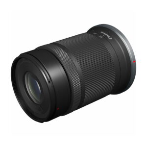 canon_rf-s_55-210mm_01 The Canon RF-S 55-210mm F5-7.1 IS STM lens features a textured grip, focus ring and glass front element, shown in black against a white background.