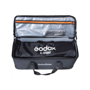 The Godox FL150S-K2 Flexible LED 2 light series has an open black carrying case that reads "FL-SF6060" on an inner bag with mesh pockets and a zipper inside the lid.