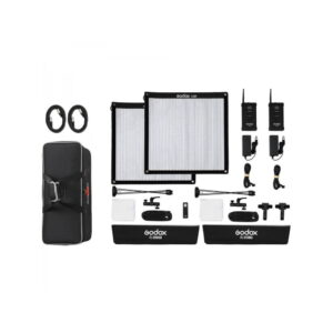The Godox FL150S-K2 Flexible LED 2 light kit includes two flexible LED panels with power supplies, wireless controllers, cables, fixtures, softboxes, carrying case and accessories neatly arranged on a white background.