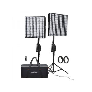 Godox FL150S-K2 Flexible LED 2 light set: two LED panels with softbox grids on stands, remote control, two power cords and black carrying case with handles, white base.