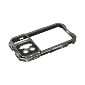 smallrig_3562_01 The SmallRig 3562 Mobile Video Cage for iPhone 13 Pro is a durable, black and silver metal frame with reinforced corners, camera cutout, industrial design and "Something" label next to the camera.