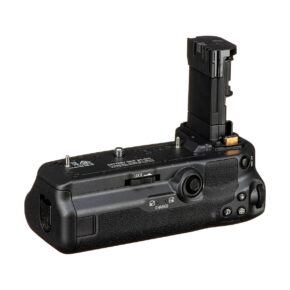Canon_BG-R10_battery_grip_001 The Canon BG-R10 - Battery Grip is a black battery grip with a textured surface, multiple buttons, a lock switch and an open battery compartment revealing gold contacts.