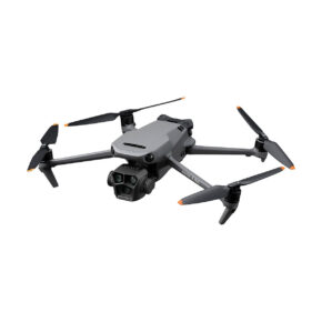 DJI_Mavic_3_Pro_001 The DJI Mavic 3 Pro + DJI RC Controller is a grey quadcopter with four orange-tipped propellers and a gimbaled camera.