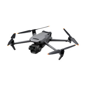 DJI_Mavic_3_Pro_001 The DJI Mavic 3 Pro + DJI RC Controller is a grey quadcopter with four orange-tipped propellers and a gimbaled camera.