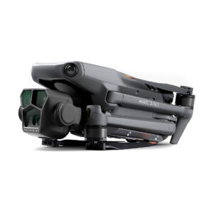 DJI_Mavic_3_Pro_004 Folded DJI Mavic 3 Pro + DJI RC Controller drone with camera and propeller arms visible, shot from a low angle from the front against a white background.