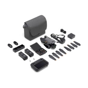 DJI_Mavic_3_Pro_Fly_More_Combo_001_Pro DJI Mavic 3 Pro + DJI RC Pro Ohjain + Fly More Combo sisältää mustan lennokin, kauko-ohjaimen, kaksi akkua, potkurit, kantolaukun, laturin, kaapelit ja lisävarusteet siististi järjestettynä valkoisella taustalla.
