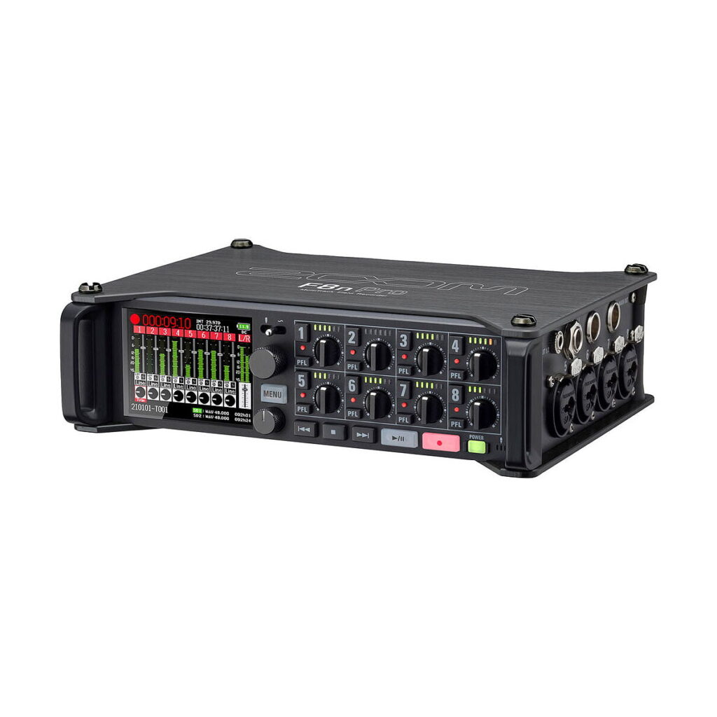 Zoom_f8nPro_003 Zoom F8n Pro 8-tulo / 10-raitainen moniraitainen kenttätallennin on ammattimainen kannettava äänimikseri ja tallentaja, jossa on useita säätimiä, LED-merkkivalot ja laajat tulo- ja lähtövaihtoehdot kenttätallennusta ja äänen miksausta varten.
