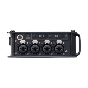 Zoom_f8nPro_005 Zoom F8n Pro 8-sisääntulon / 10 raidan moniraitaisen kenttätallentimen etupuolella on neljä XLR/TRS-kombiliitäntää, SD-korttipaikat 1 ja 2, virtapainike, USB-portti ja oikeanpuoleinen kahva.