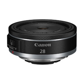 canon_rf_28mm_02 The Canon RF 28mm f/2.8 STM lens, with its compact black design, silver mount and focus/selection switch, is visible against a white background.
