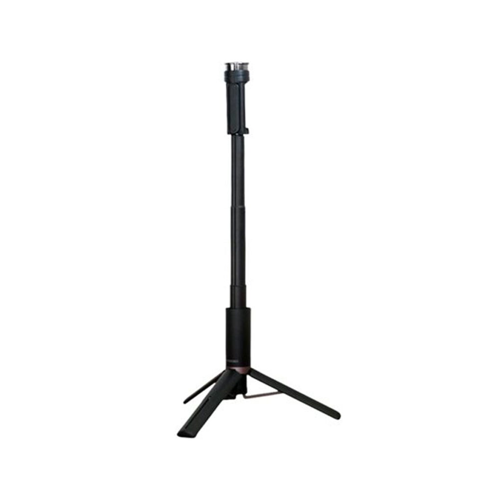 hakuba_02 Hakuba Multi Tripod Black -jalustassa on kolme kokoontaitettavaa jalkaa ja teleskooppinen keskipylväs, joka on kuvassa täysin ulosvedettynä valkoista taustaa vasten.