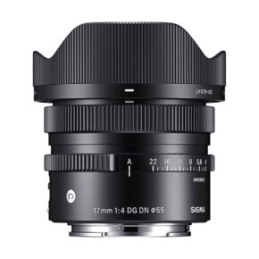 sigma_17mm_dg_dn_02 Sigma 17mm f/4 DG DN Contemporary lens (Sony), side view with hood attached; black barrel with aperture ring, focus ring and engraved focal length and aperture markings.