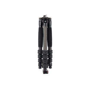 traveler_5cx_01 The Sirui Traveler 5CX is a compact black tripod with foam handles and twist-lock legs. It is shown folded and upright against a white background.