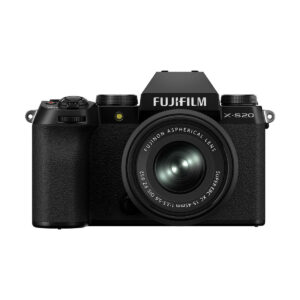 Fujifil_X-S20_15-45mm001 Front view of the black Fujifilm X-S20 + XC 15-45mm f/3.5-5.6 OIS PZ lens, showing the dials and buttons on the top and left of the body.