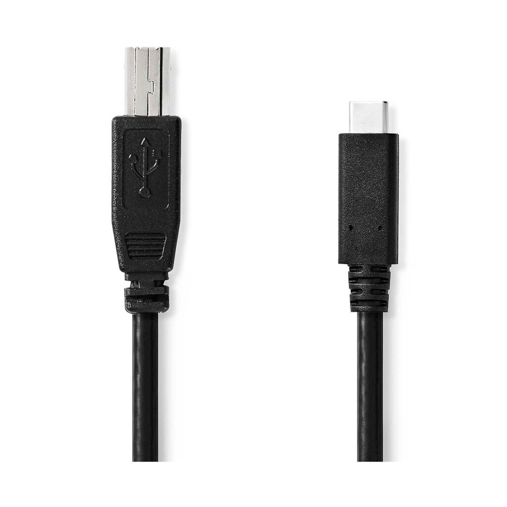 Nedis_USB-C-USB-B_001 Nedis USB-C 2.0 - USB-B, 1 m kaapeli on kuvassa mustana, vasemmalla USB Type-B-liitin ja oikealla USB Type-C-liitin valkoisella taustalla.