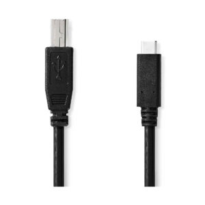 Nedis_USB-C-USB-B_001 Nedis USB-C 2.0 - USB-B, 1 m kaapeli on kuvassa mustana, vasemmalla USB Type-B-liitin ja oikealla USB Type-C-liitin valkoisella taustalla.