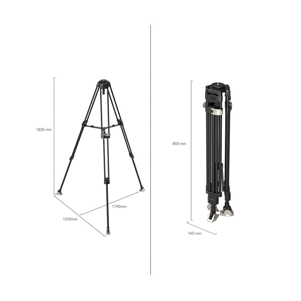 SmallRig_FreeBlazer_Heavy-Duty_Carbon_Fiber_Tripod_4167_002 Kaksi kuvaa SmallRig 4167 FreeBlazer Heavy-Duty Carbon Fiber Tripodista: yksi täysin ulosvedettynä 1820 mm korkeuteen ja 1370-1190 mm jalkojen levitykseen, ja yksi kokoontaitettuna 850 mm korkeuteen ja 145 mm leveyteen, jossa näkyvät mittausviivat ja merkinnät.