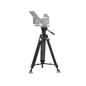 SmallRig_FreeBlazer_Heavy-Duty_Carbon_Fiber_Tripod_Kit_AD-100_3989_001 SmallRig 3989 FreeBlazer Heavy-Duty Carbon Fiber Tripod Kit AD-100, mounted with a professional video camera, includes adjustable legs and rubber feet with white base.