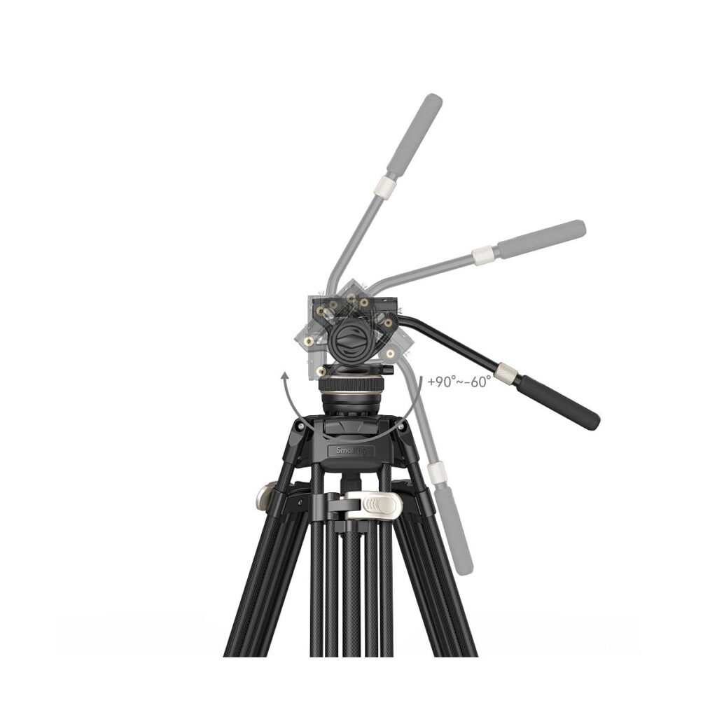 SmallRig_FreeBlazer_Heavy-Duty_Carbon_Fiber_Tripod_Kit_AD-100_3989_003 Kaavio, jossa näkyy SmallRig 3989 FreeBlazer Heavy-Duty Carbon Fiber Tripod Kit AD-100 -pää, jossa on säädettävä kahva, kallistus +90° ja -60° välillä. Kolmijalan jalat näkyvät kallistusmekanismin alapuolella.