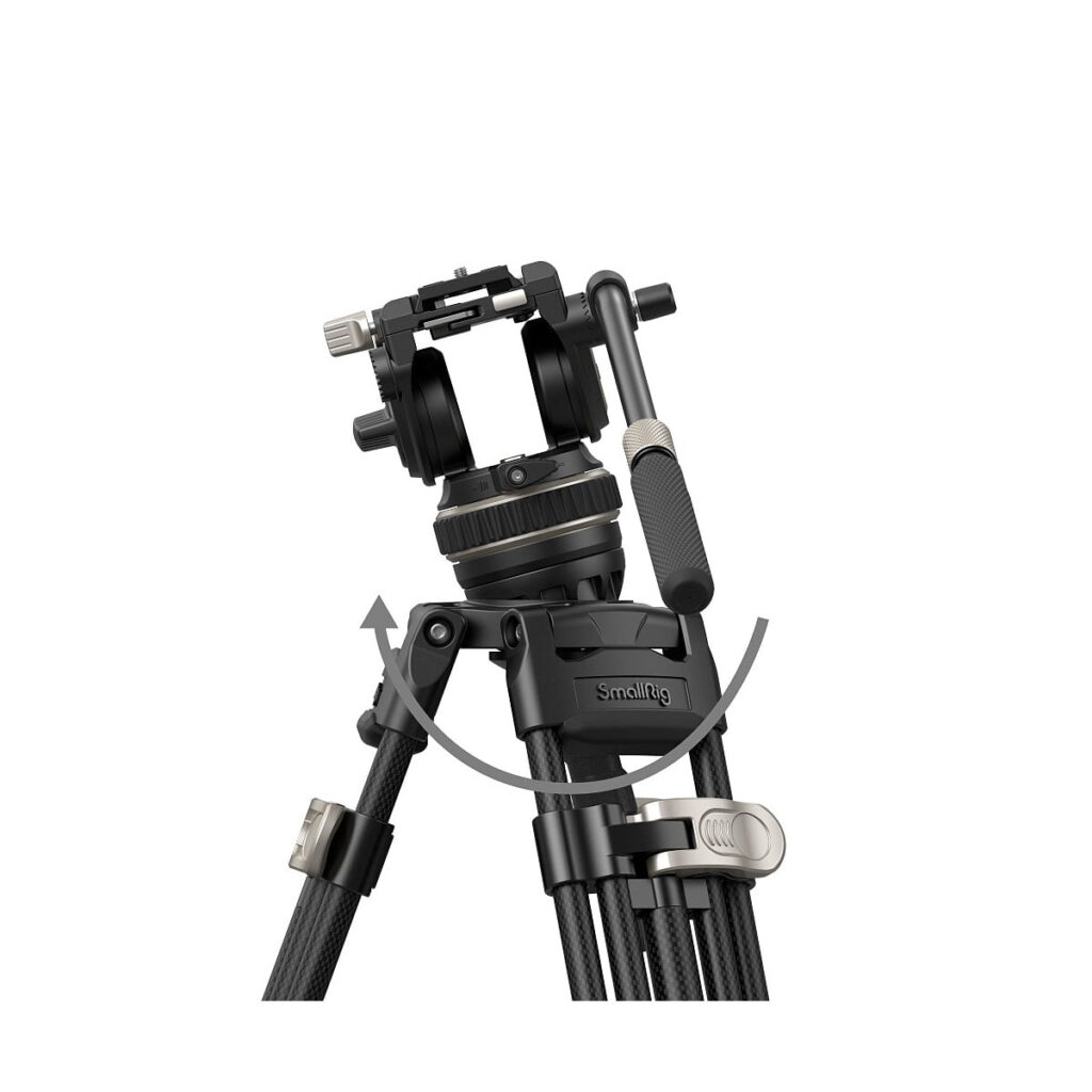 SmallRig_FreeBlazer_Heavy-Duty_Carbon_Fiber_Tripod_Kit_AD-100_3989_004 SmallRig 3989 FreeBlazer Heavy-Duty Carbon Fiber Tripod Kit AD-100, kuvassa mustana, jossa on säätönupit ja kahva, sisältää nuolen, joka kuvaa pään kallistusliikettä valkoisella pohjalla.