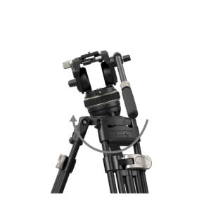 SmallRig_FreeBlazer_Heavy-Duty_Carbon_Fiber_Tripod_Kit_AD-100_3989_004 SmallRig 3989 FreeBlazer Heavy-Duty Carbon Fiber Tripod Kit AD-100, kuvassa mustana, jossa on säätönupit ja kahva, sisältää nuolen, joka kuvaa pään kallistusliikettä valkoisella pohjalla.