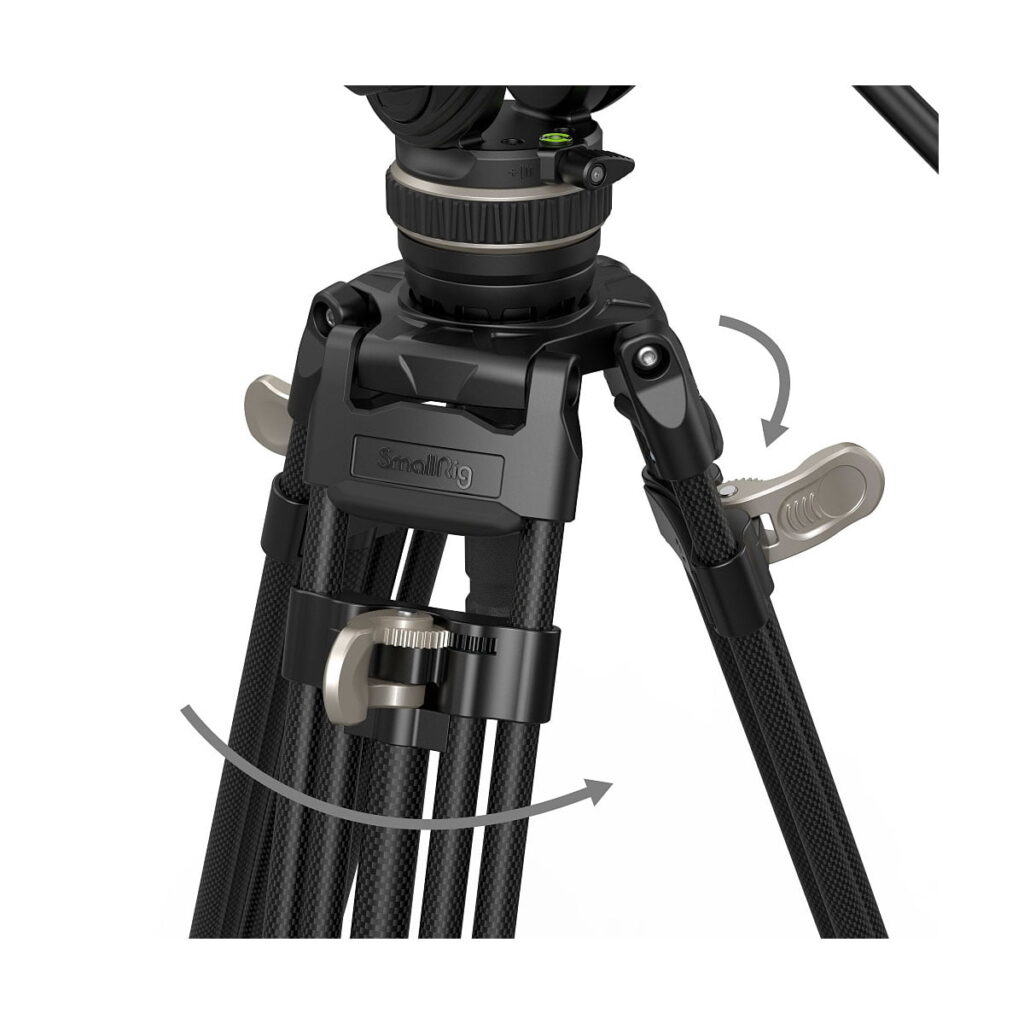 SmallRig_FreeBlazer_Heavy-Duty_Carbon_Fiber_Tripod_Kit_AD-100_3989_005 Lähikuva SmallRig 3989 FreeBlazer Heavy-Duty Carbon Fiber Tripod Kit AD-100:sta, musta, jossa korostuvat säädettävät vivut ja lukitusmekanismit sekä nuolet, jotka osoittavat jalkojen korkeuden säätämisen.