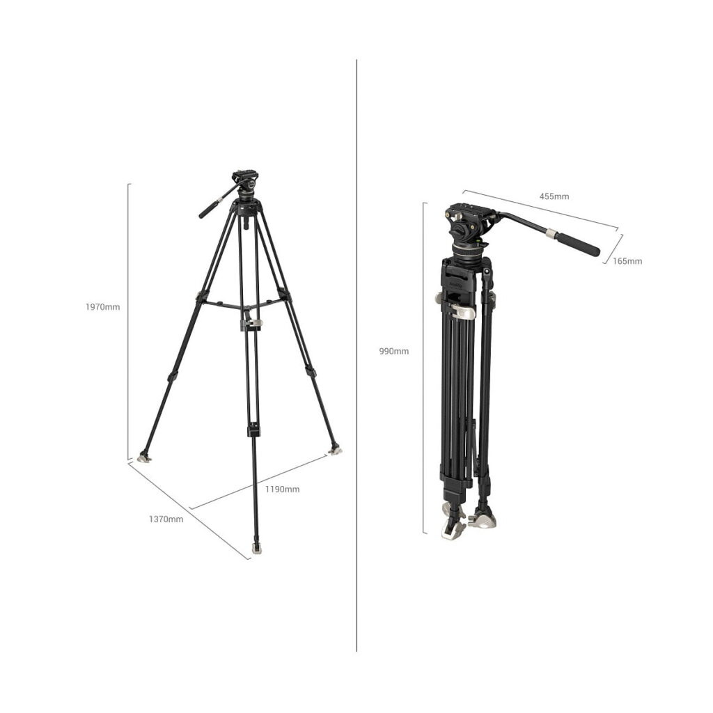 SmallRig_FreeBlazer_Heavy-Duty_Carbon_Fiber_Tripod_Kit_AD-100_3989_006 Kaksi näkymää SmallRig 3989 FreeBlazer Heavy-Duty Carbon Fiber Tripod Kit AD-100:stä: yksi täysin ulosvedetty ja korkeusmitat merkitty, ja yksi taitettu niin, että maksimipituus ja taitettu pituus millimetreinä näkyvät.