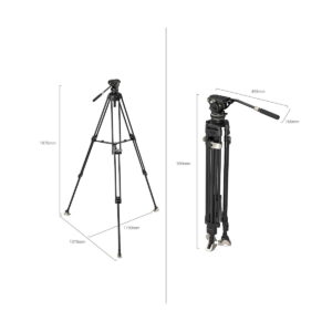 SmallRig_FreeBlazer_Heavy-Duty_Carbon_Fiber_Tripod_Kit_AD-100_3989_006 Kaksi näkymää SmallRig 3989 FreeBlazer Heavy-Duty Carbon Fiber Tripod Kit AD-100:stä: yksi täysin ulosvedetty ja korkeusmitat merkitty, ja yksi taitettu niin, että maksimipituus ja taitettu pituus millimetreinä näkyvät.