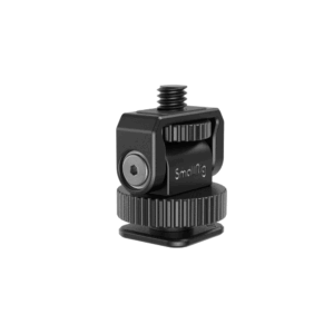 1661755047657_ SmallRig 3577 Adapter Mini Cold Shoe to 1/4"-20 Screw on musta pyörivä kiinnike, jossa on nystyröity säätörengas ja yläreunan kierreruuvi, joka on suunniteltu lisävarusteiden kiinnittämiseen kameroihin.