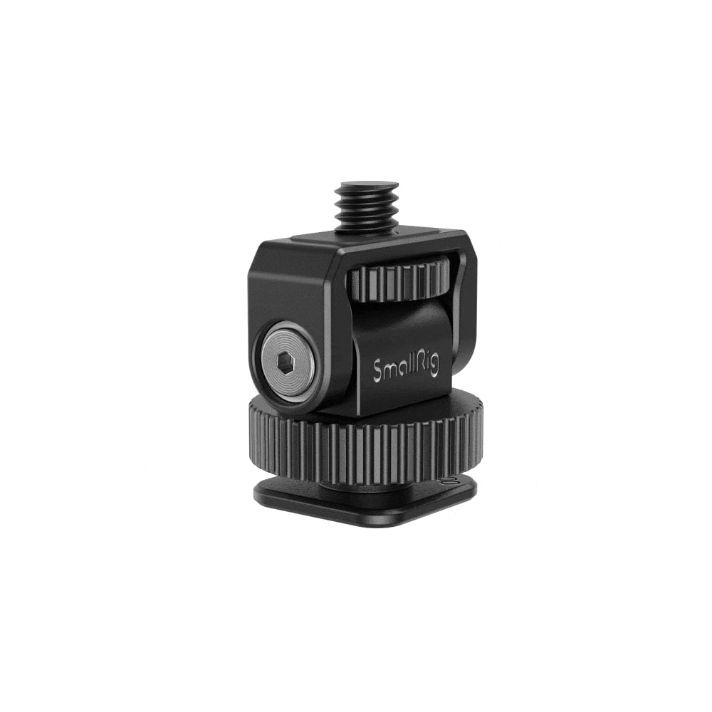 1661755047657_ SmallRig 3577 Adapter Mini Cold Shoe to 1/4"-20 Screw on musta pyörivä kiinnike, jossa on nystyröity säätörengas ja yläreunan kierreruuvi, joka on suunniteltu lisävarusteiden kiinnittämiseen kameroihin.