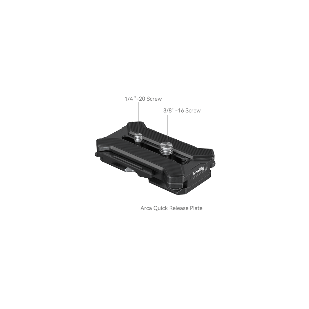 1668049662143_ SmallRig 3913 Arca Type Multifunctional Quick Release Plate on kuvattu valkoisella pohjalla, jossa on merkitty 1/4-20 ja 3/8-16 ruuvit, joista jokainen osa näkyy selvästi.