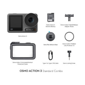 DJI_Osmo_Action_3_Standard_Combo_012 DJI Osmo Action 3 Standard Combo -actionkamera sisältää kameran, lisäakun, adapterikiinnikkeen, liimapohjan, kaksi kumista linssisuojaa, vaakakehyksen, Type-C-kaapelin ja lukitusruuvin - kaikki kuvassa valkoisella pohjalla.