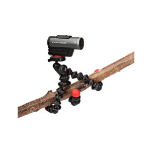 JOBY GorillaPod Action2 JOBY GorillaPod Action GoPro Jalusta on kiinnitetty puun oksaan, ja sen mustat jalat, joissa on punaiset kahvat, on kiedottu tukevasti oksan ympärille.