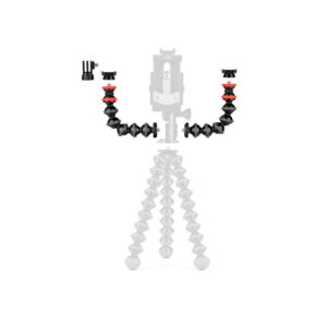 JOBY GorillaPod Arm Kit Black/Grey, a flexible black and grey tripod accessory with two arms and multiple attachment accessories, is prominently displayed while the main tripod and phone holder appear faded in the background.