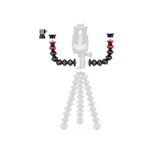 JOBY GorillaPod Arm Kit Musta/Harmaa, joustava musta ja harmaa kolmijalka lisävaruste, jossa on kaksi käsivartta ja useita kiinnitystarvikkeita, on näkyvästi esillä, kun taas tärkein kolmijalka ja puhelimen pidike näkyvät haalistuneina taustalla.