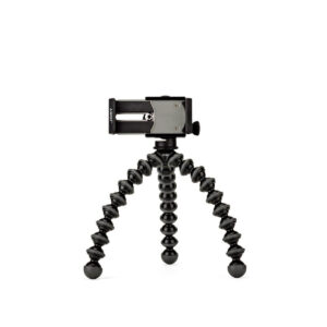 JOBY GripTight GorillaPod Stand PRO2 JOBY GripTight GorillaPod Stand PRO Jalusta Puhelimelle on pieni, musta joustava kolmijalka, jossa on segmentoidut, taivutettavat jalat ja älypuhelimen pidike, kuvassa valkoista taustaa vasten.