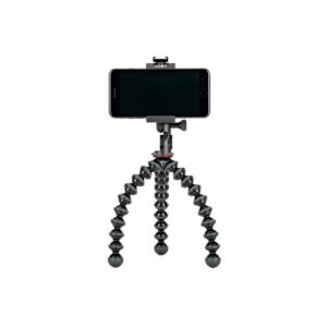 JOBY GripTight PRO 2 GorillaPod JOBY GripTight PRO 2 GorillaPod Jalustakit Puhelimelle pitää älypuhelinta vaakasuorassa joustavien, mustien taipuvien jalkojensa varassa valkoista taustaa vasten.